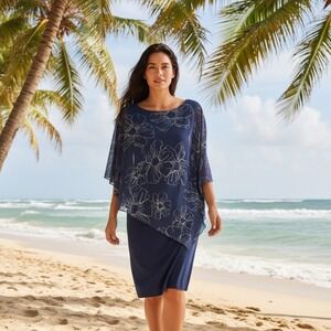 Ignite Evenings Navy Blue Floral Overlay Sheath Dress Beaded Trim Size 16